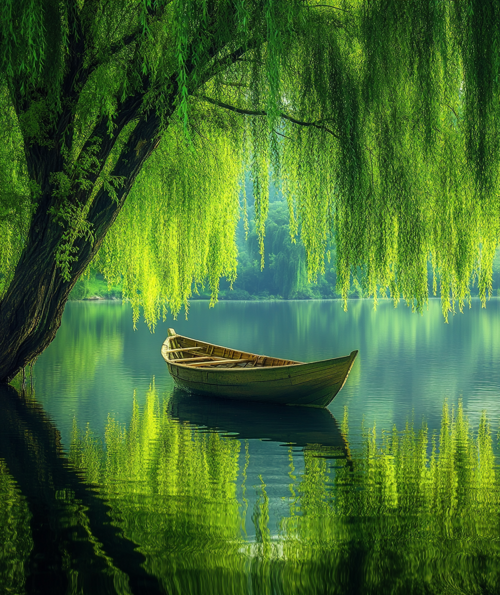 Dwell in Beauty | Green Willow Tree in Calm Lake